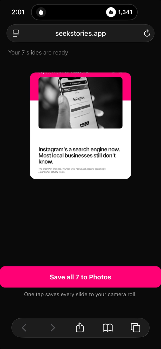 Slides delivered to the phone, Save all 7 to Photos